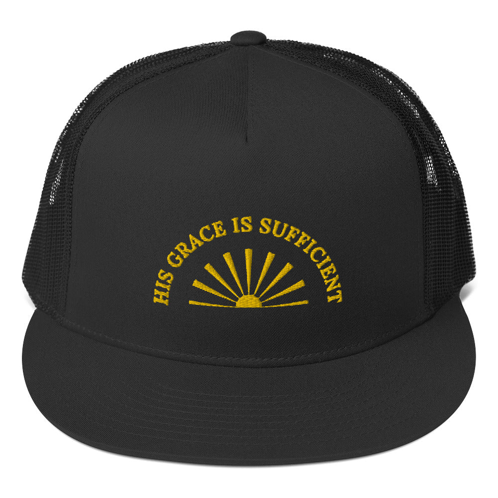 Fabulous Trucker Cap: "His Grace is Sufficient" in Gold print