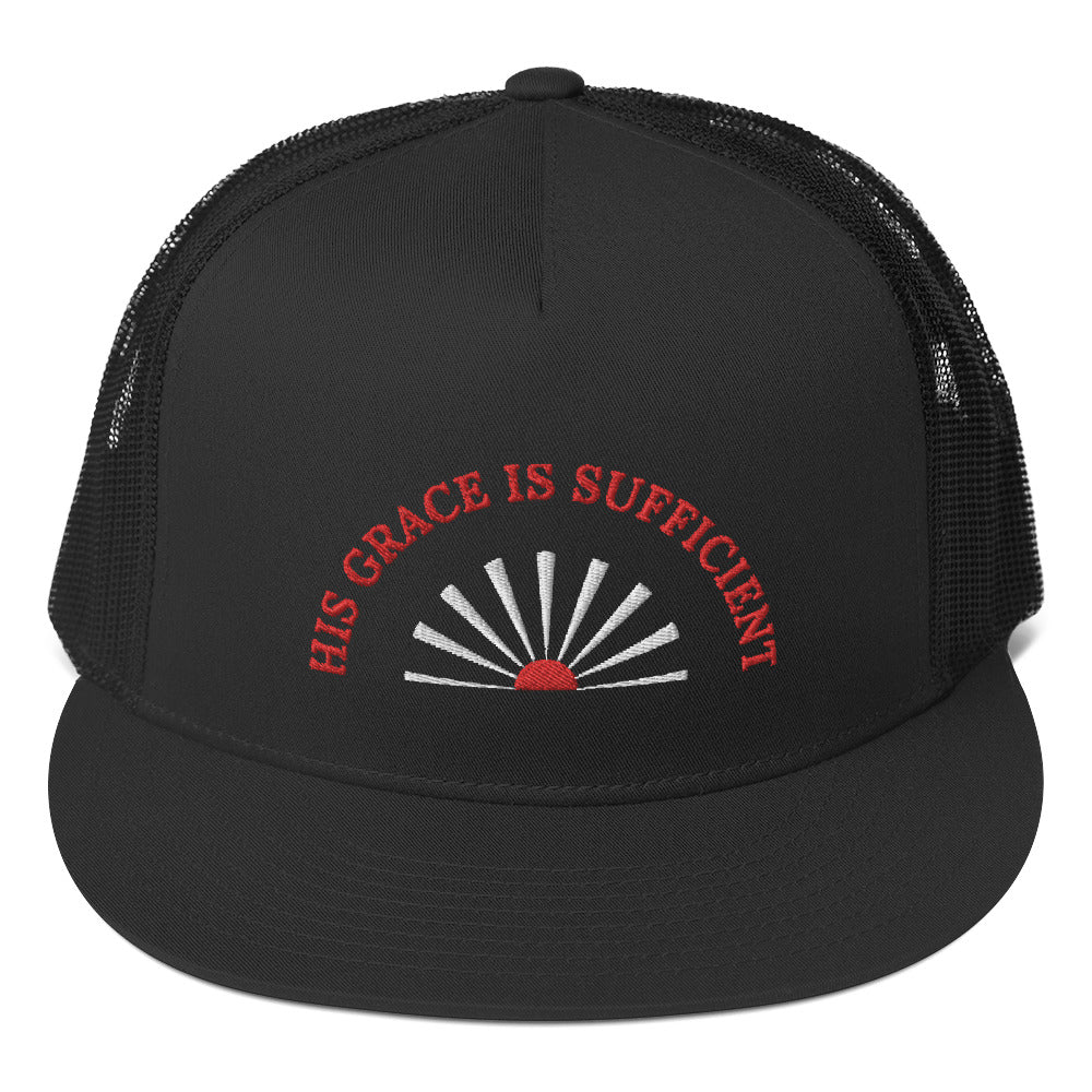 Fabulous Trucker Cap: "His Grace is Sufficient" in Red script