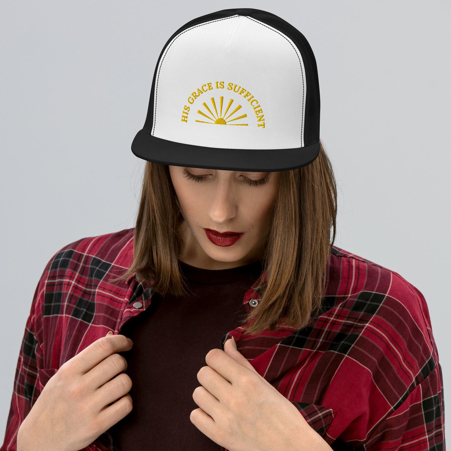 Fabulous Trucker Cap: "His Grace is Sufficient" in Gold print