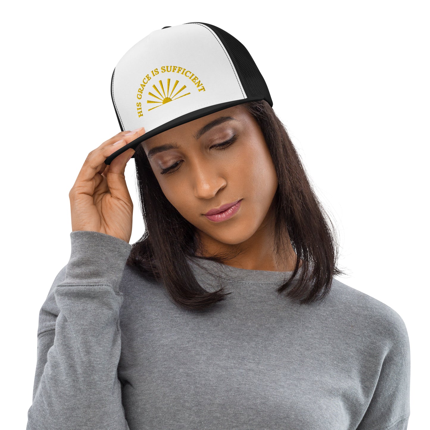 Fabulous Trucker Cap: "His Grace is Sufficient" in Gold print