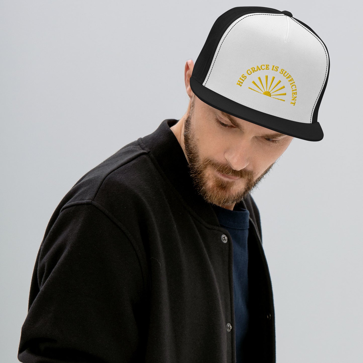 Fabulous Trucker Cap: "His Grace is Sufficient" in Gold print