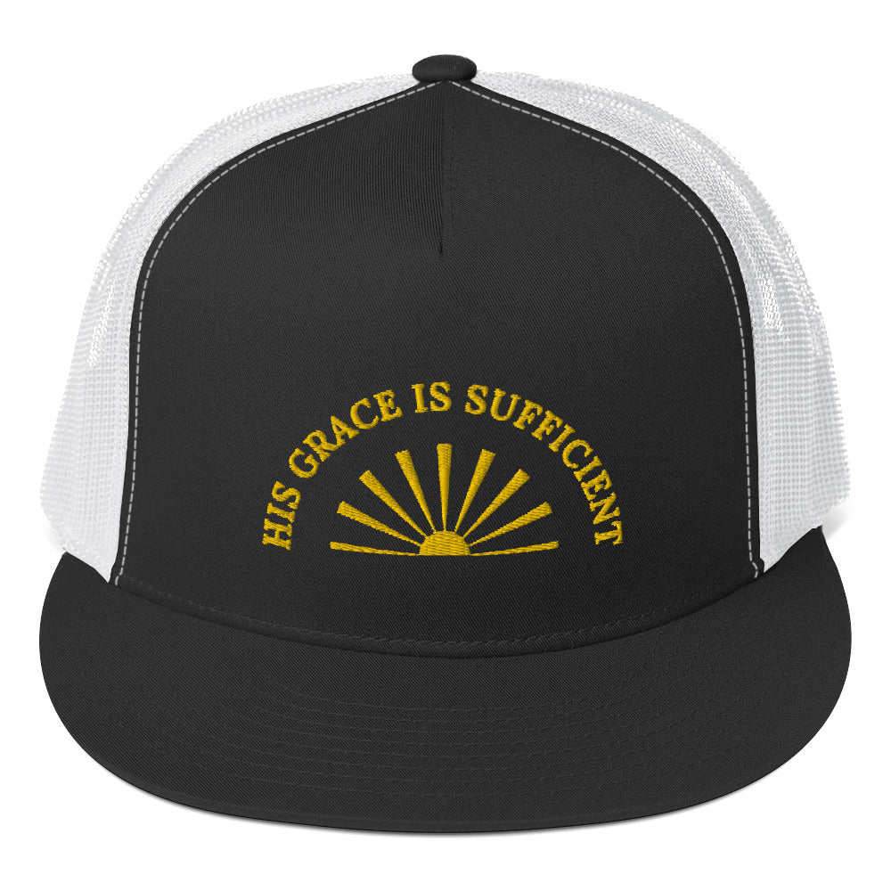 Classic Trucker Cap | His Grace is Sufficient" in Gold script