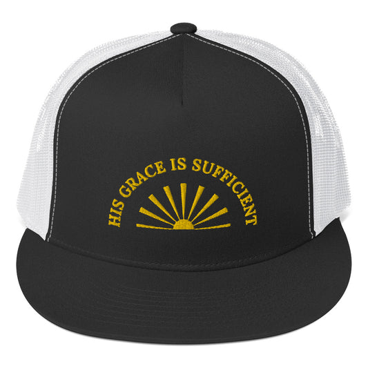 Classic Trucker Cap | His Grace is Sufficient" in Gold script