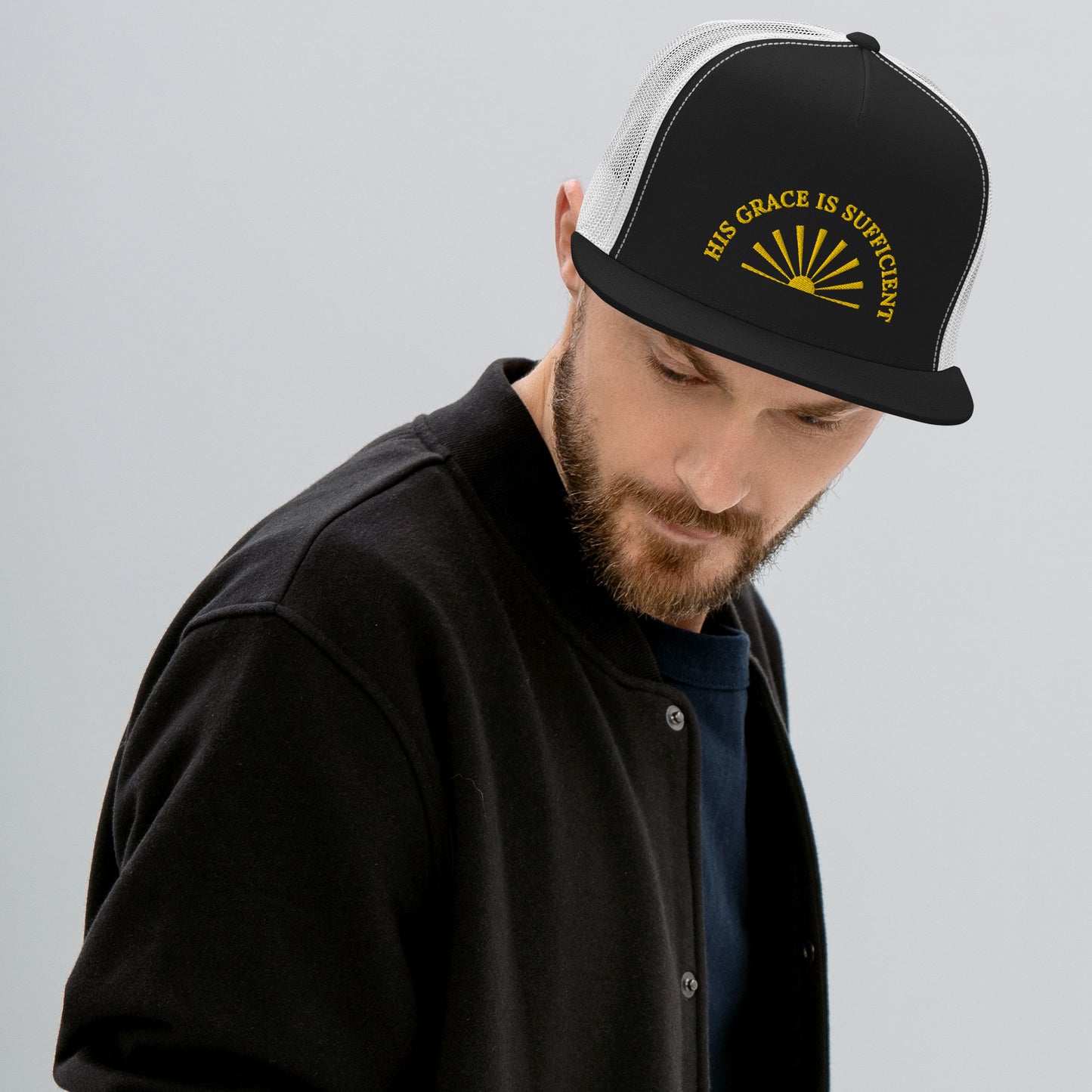 Classic Trucker Cap | His Grace is Sufficient" in Gold script