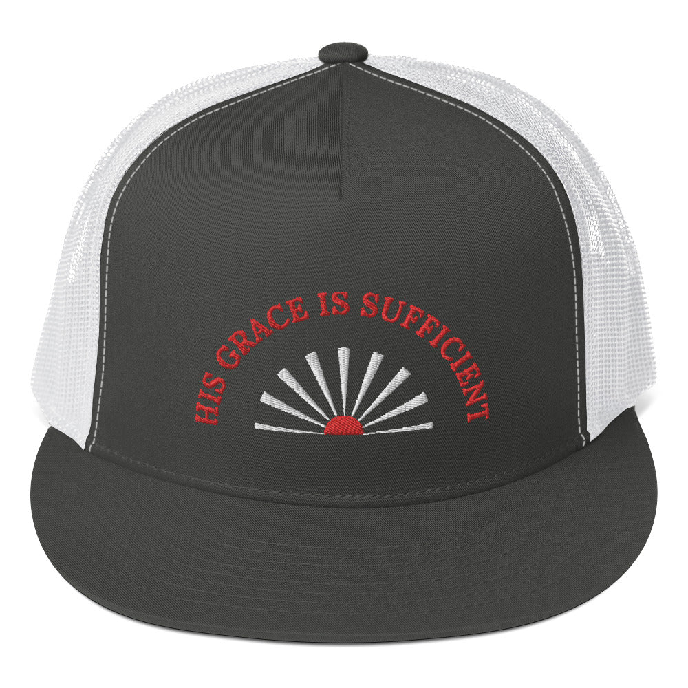 Fabulous Trucker Cap: "His Grace is Sufficient" in Red script