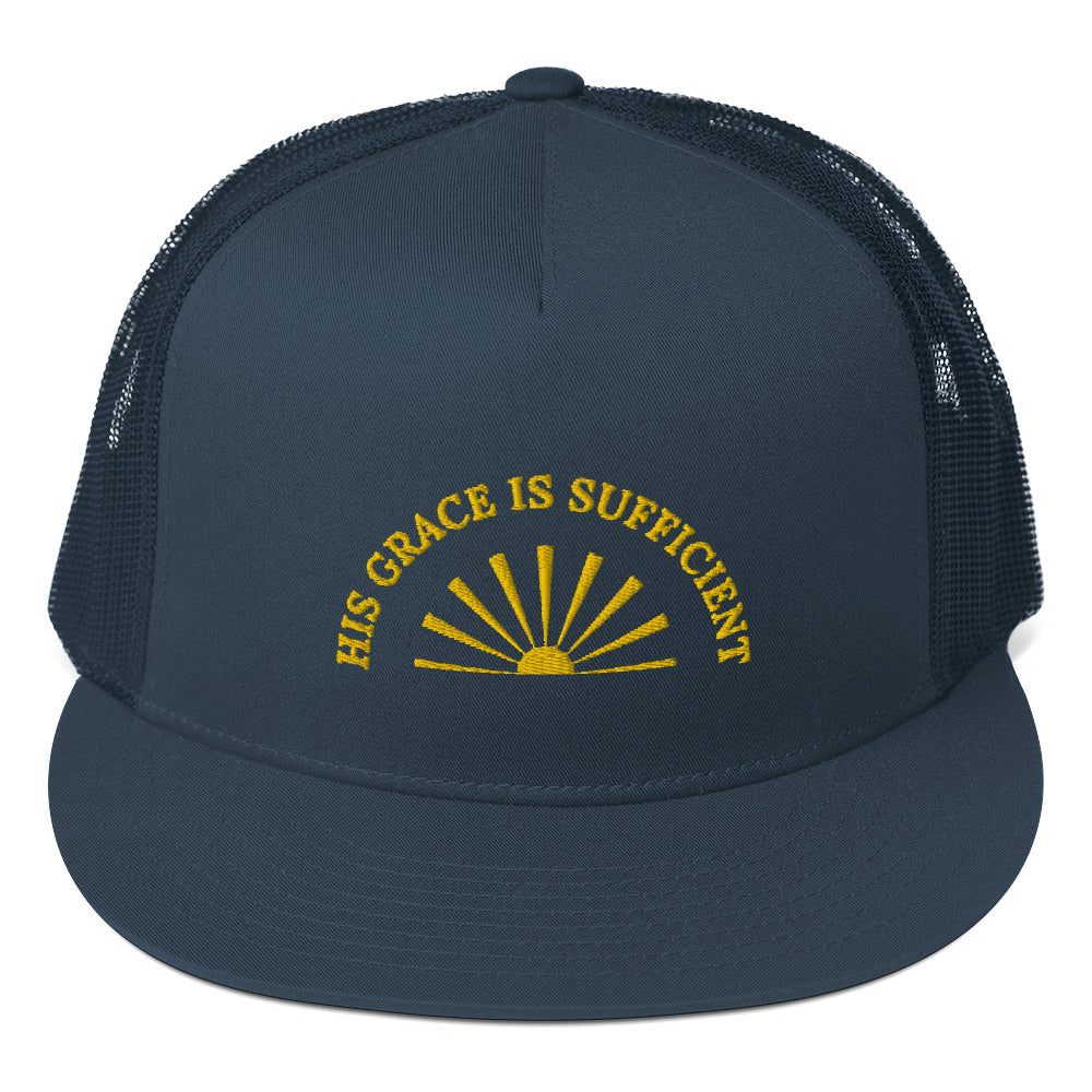 Fabulous Trucker Cap: "His Grace is Sufficient" in Gold print