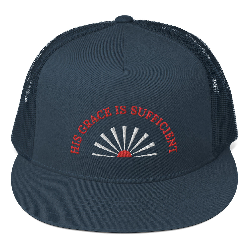 Fabulous Trucker Cap: "His Grace is Sufficient" in Red script