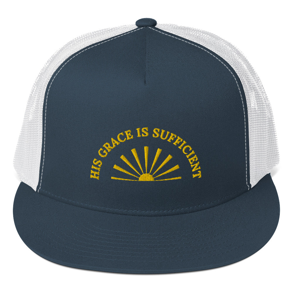 Fabulous Trucker Cap: "His Grace is Sufficient" in Gold print