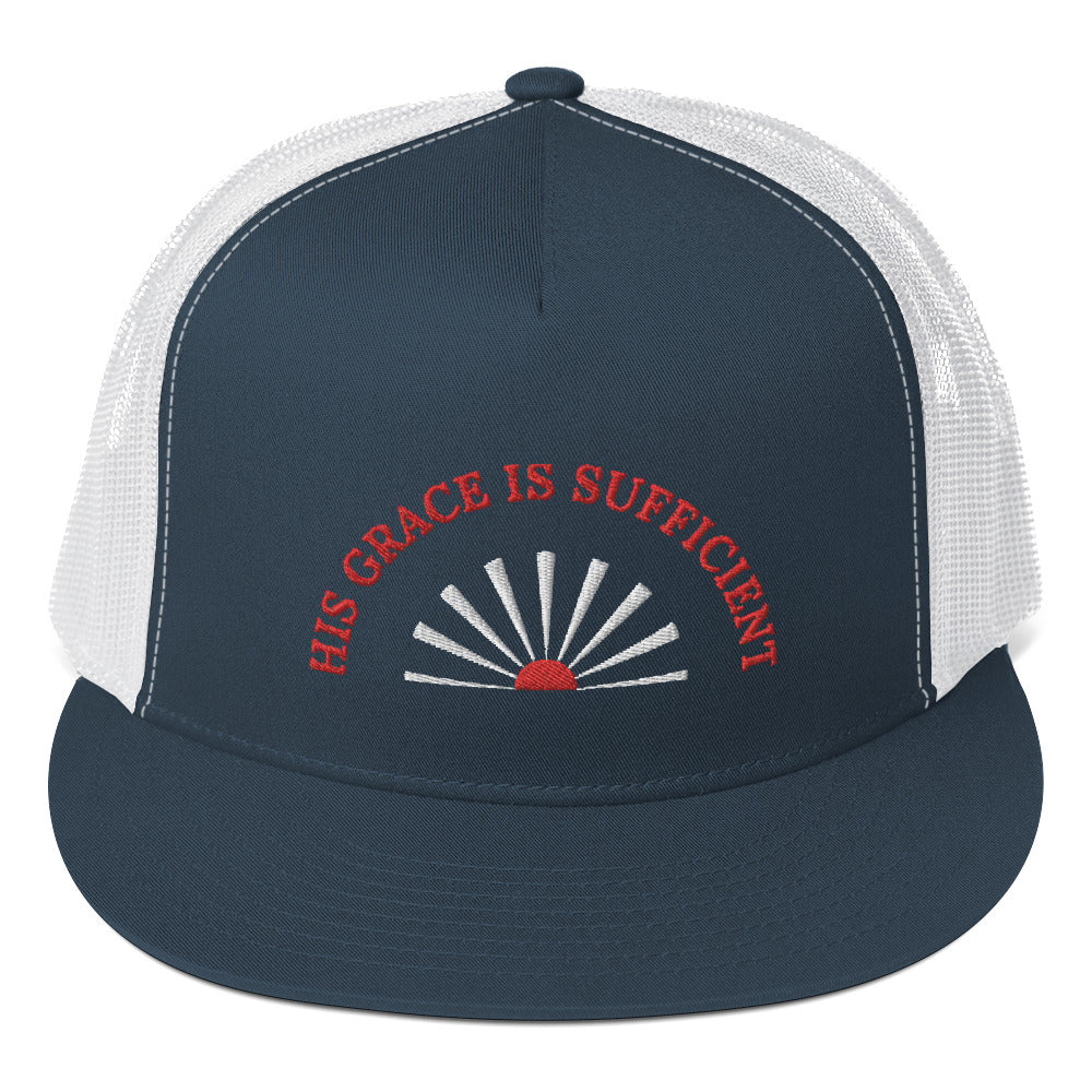 Fabulous Trucker Cap: "His Grace is Sufficient" in Red script