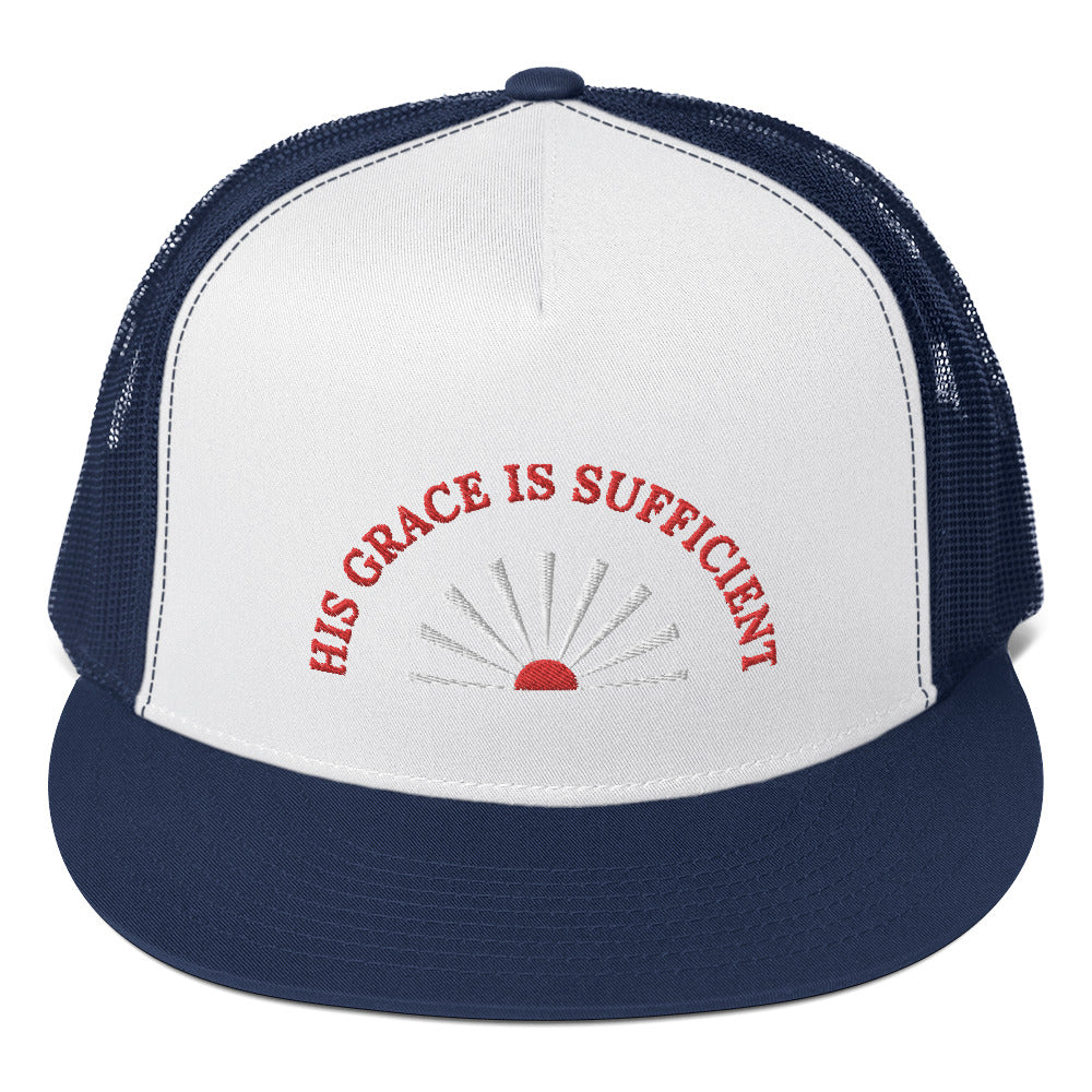 Fabulous Trucker Cap: "His Grace is Sufficient" in Red script