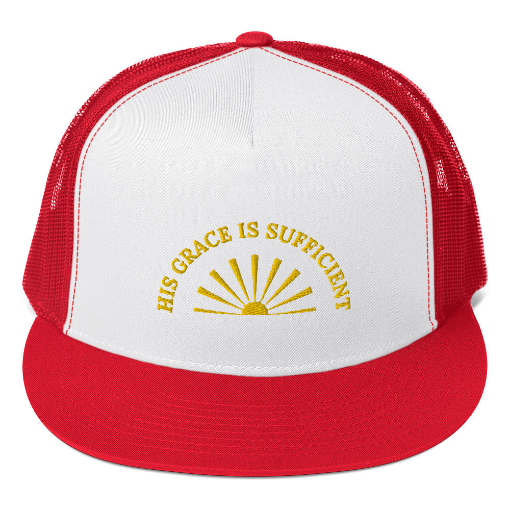 Fabulous Trucker Cap: "His Grace is Sufficient" in Gold print