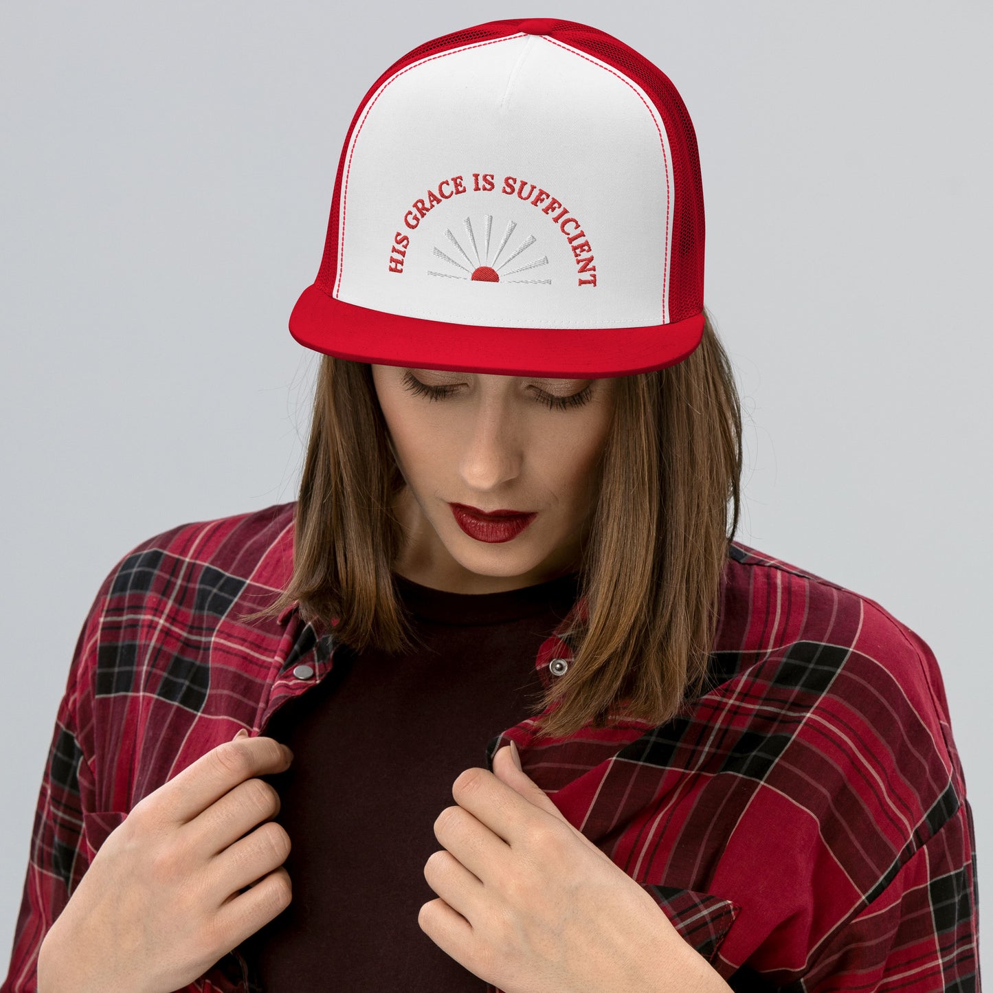 Fabulous Trucker Cap: "His Grace is Sufficient" in Red script