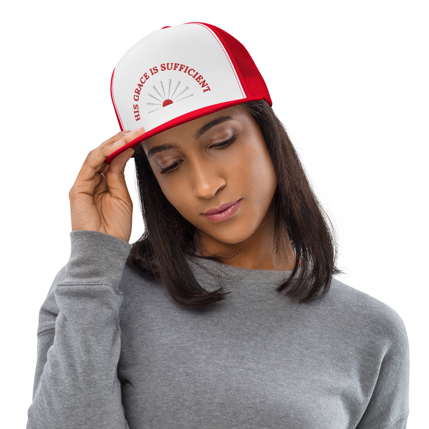 Fabulous Trucker Cap: "His Grace is Sufficient" in Red script