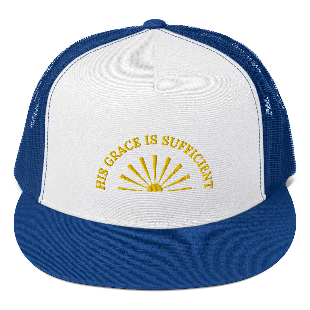 Fabulous Trucker Cap: "His Grace is Sufficient" in Gold print