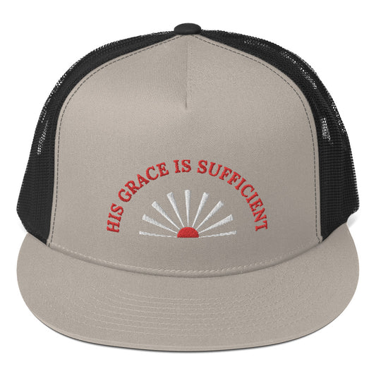 Fabulous Trucker Cap: "His Grace is Sufficient" in Red script