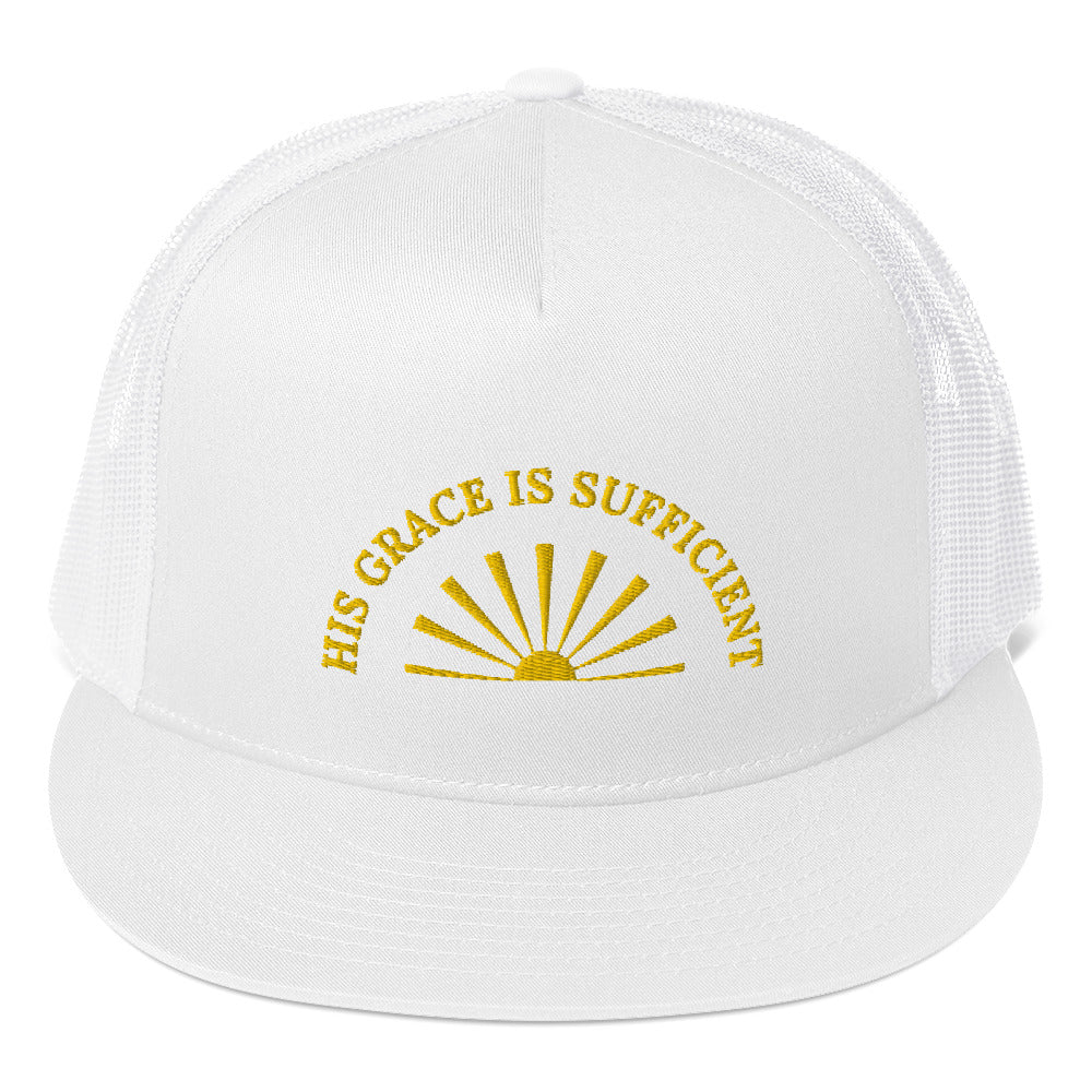 Classic Trucker Cap | His Grace is Sufficient" in Gold script