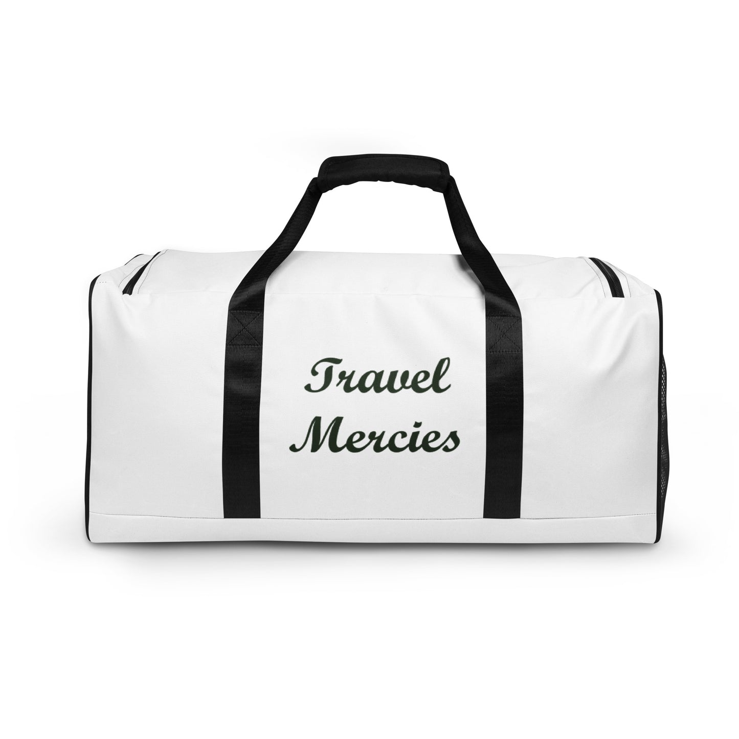 Duffle Bag Companion: "Travel Mercies" in dark Ash color print