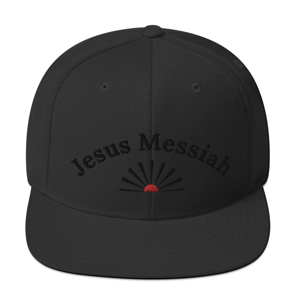 Unisex Adjustable Snapback Hat: "Jesus Messiah" in Black script embroidery