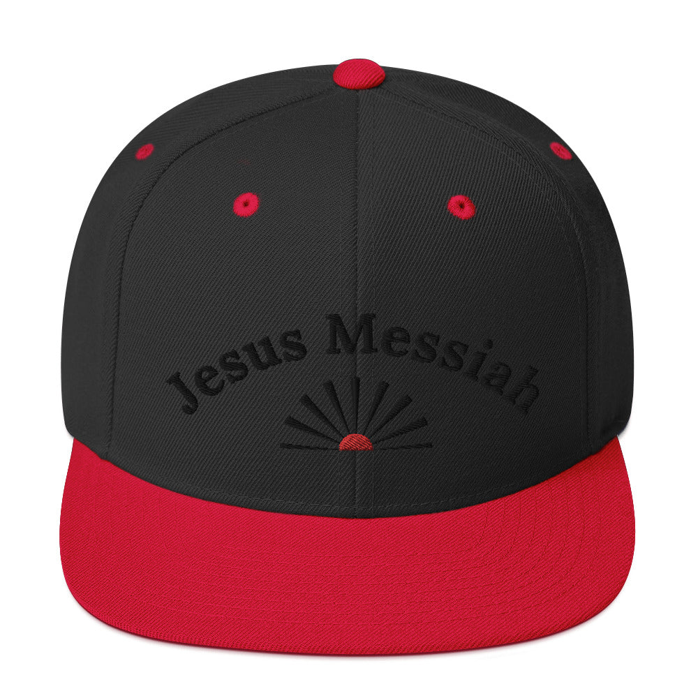 Unisex Adjustable Snapback Hat: "Jesus Messiah" in Black script embroidery