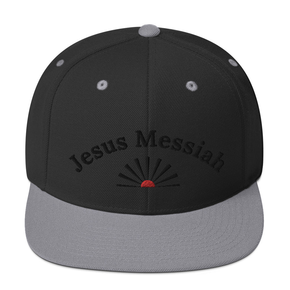 Unisex Adjustable Snapback Hat: "Jesus Messiah" in Black script embroidery