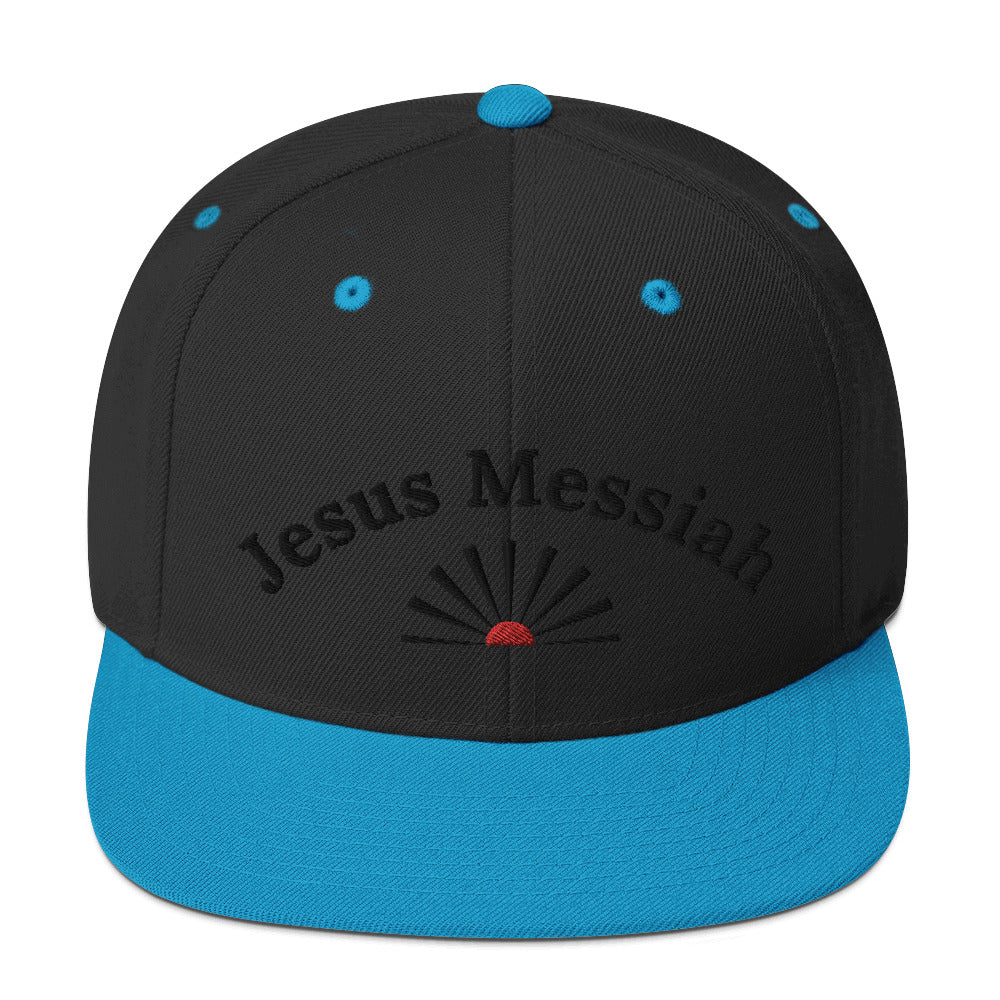 Unisex Adjustable Snapback Hat: "Jesus Messiah" in Black script embroidery