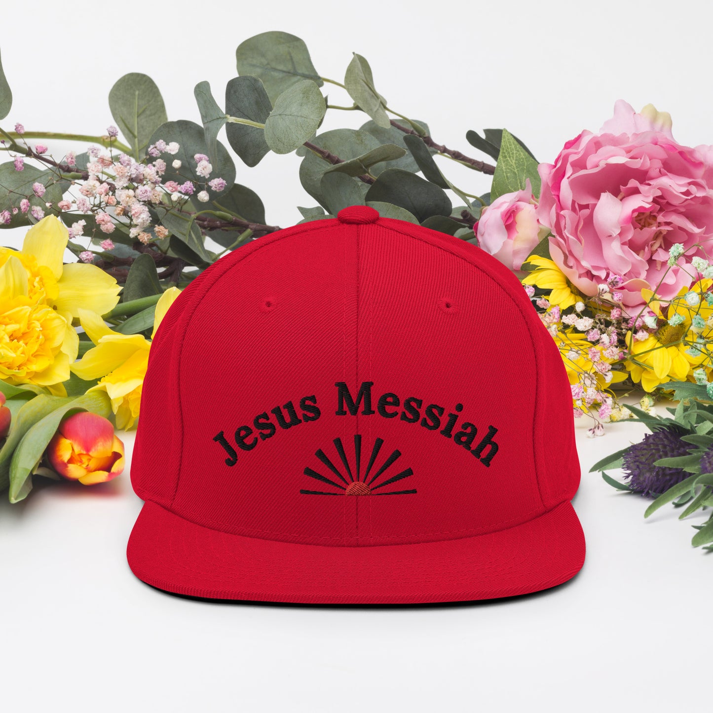 Unisex Adjustable Snapback Hat: "Jesus Messiah" in Black script embroidery