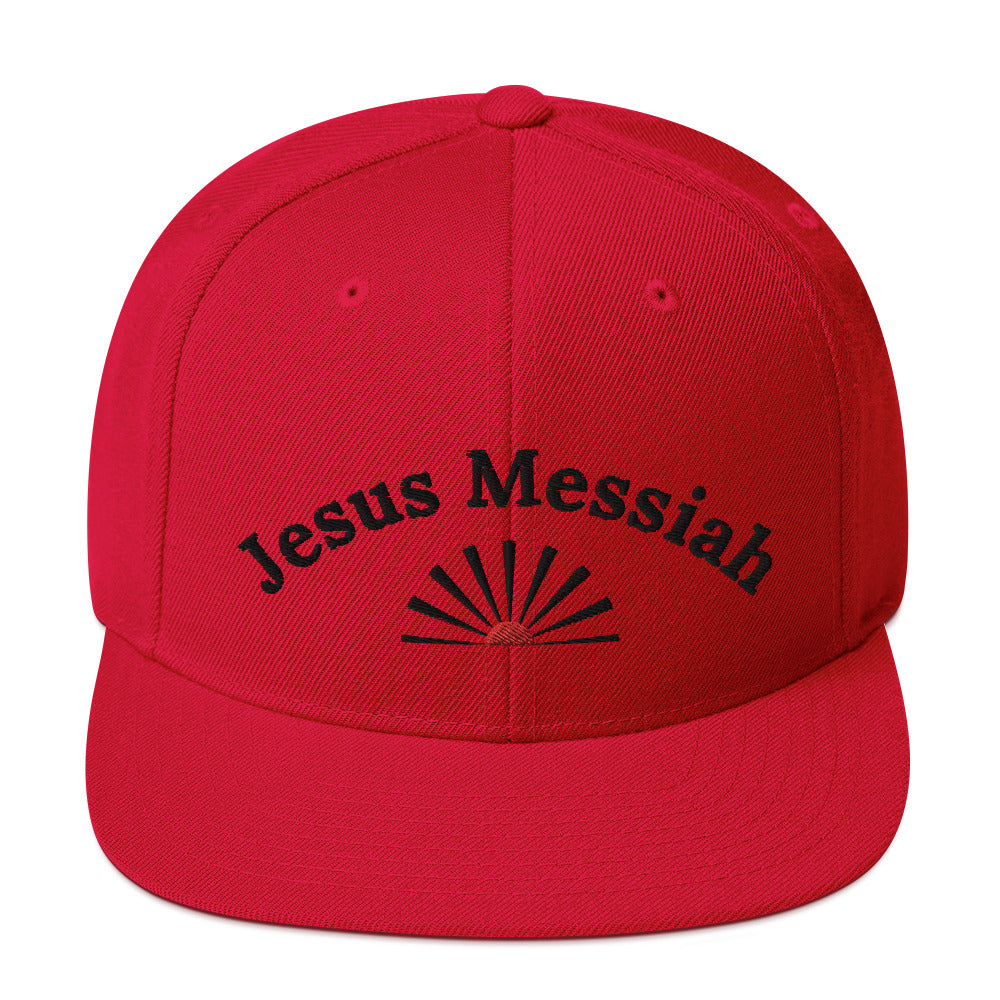 Unisex Adjustable Snapback Hat: "Jesus Messiah" in Black script embroidery