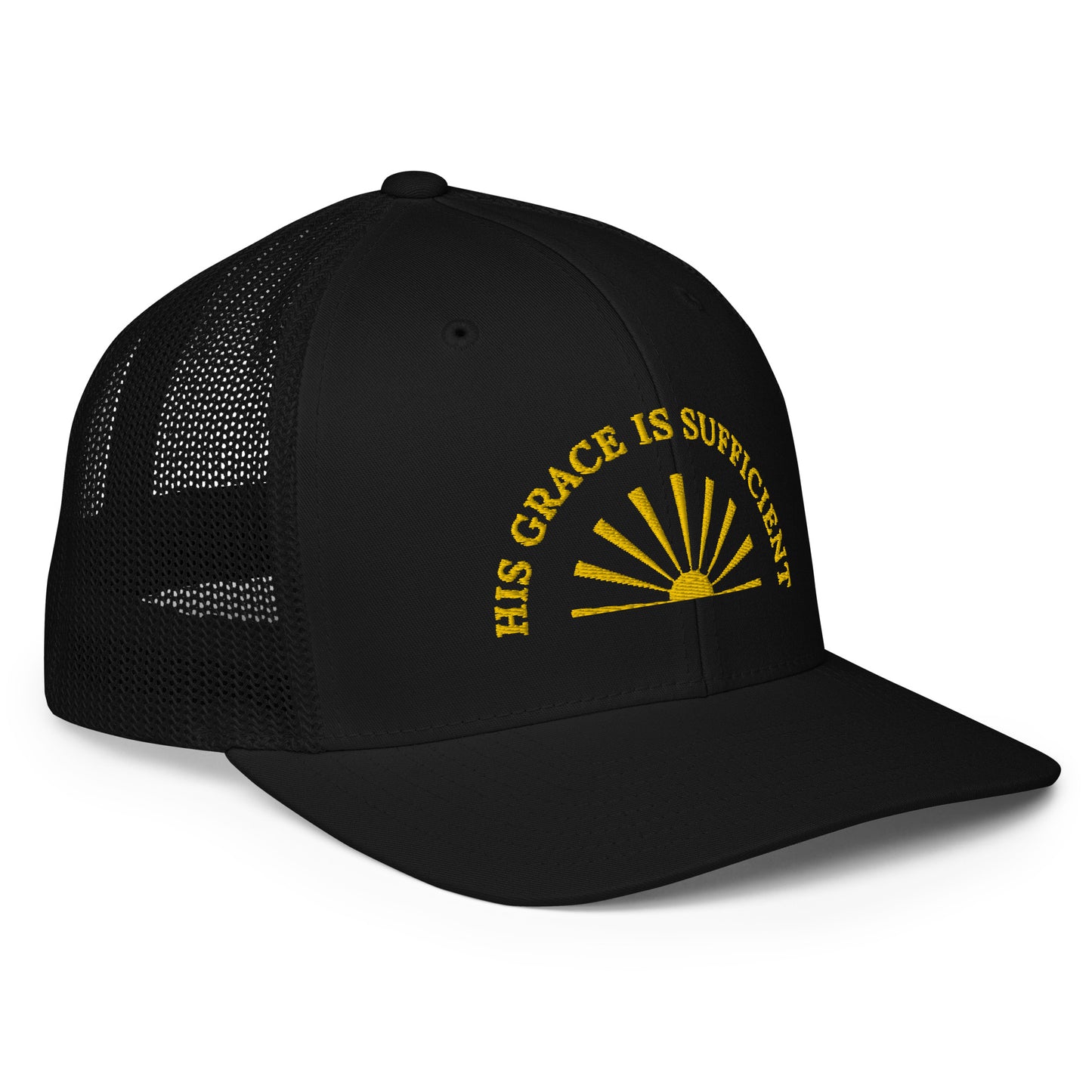 Closed-Back Iconic Trucker Cap - Flexfit | His Grace is Sufficient in Gold script