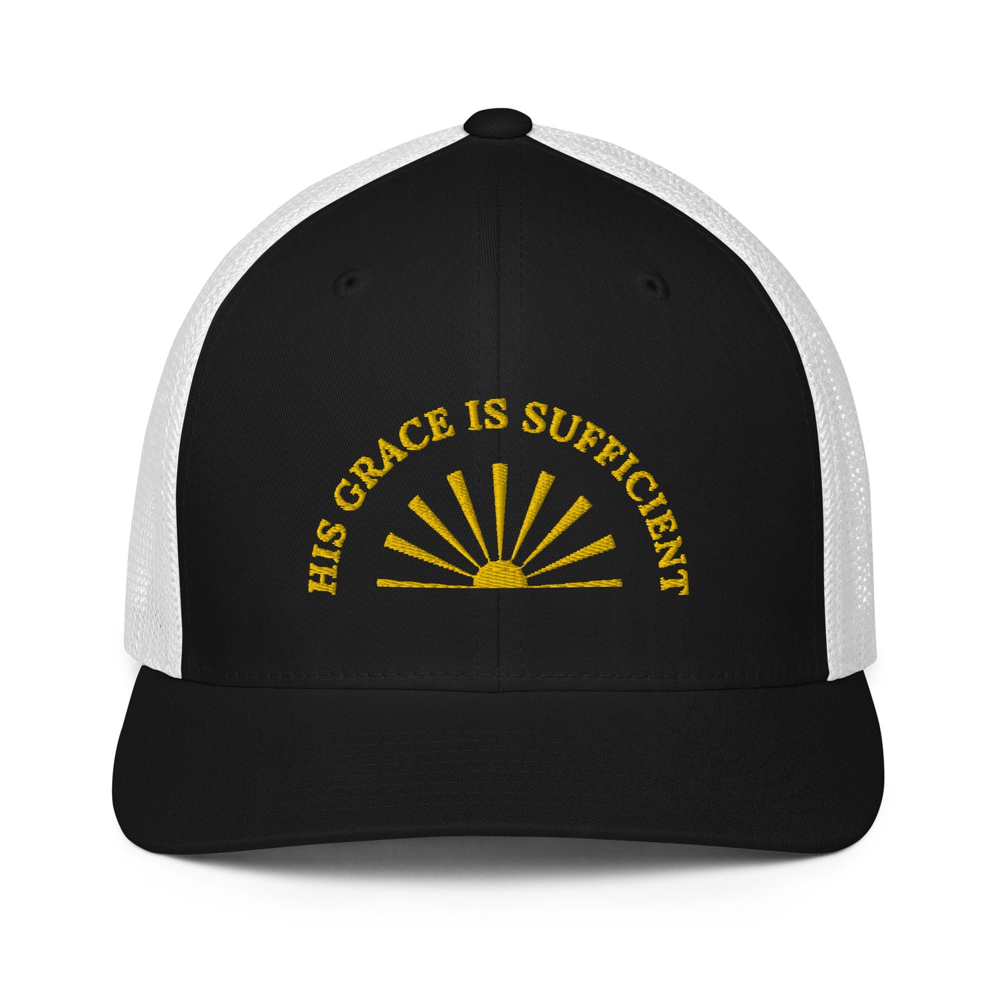 Closed-Back Iconic Trucker Cap - Flexfit | His Grace is Sufficient in Gold script