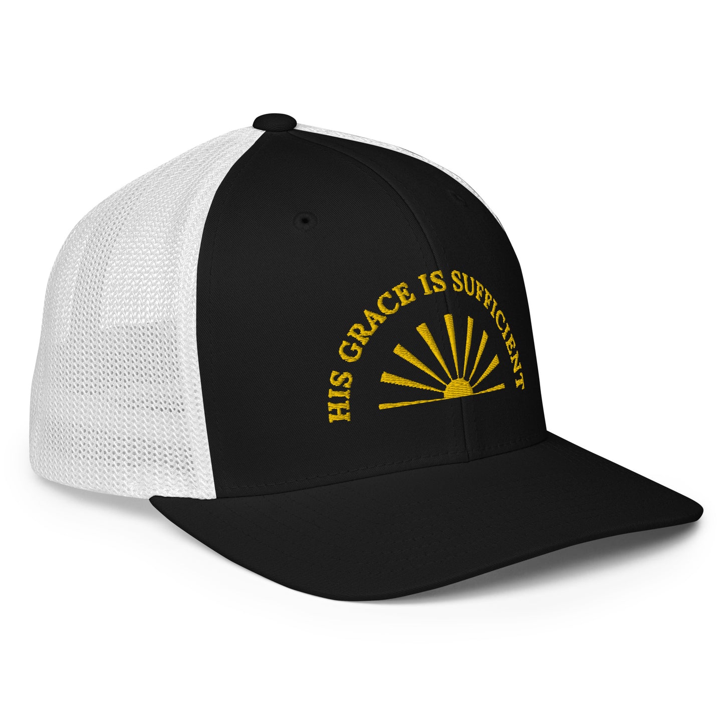 Closed-Back Iconic Trucker Cap - Flexfit | His Grace is Sufficient in Gold script