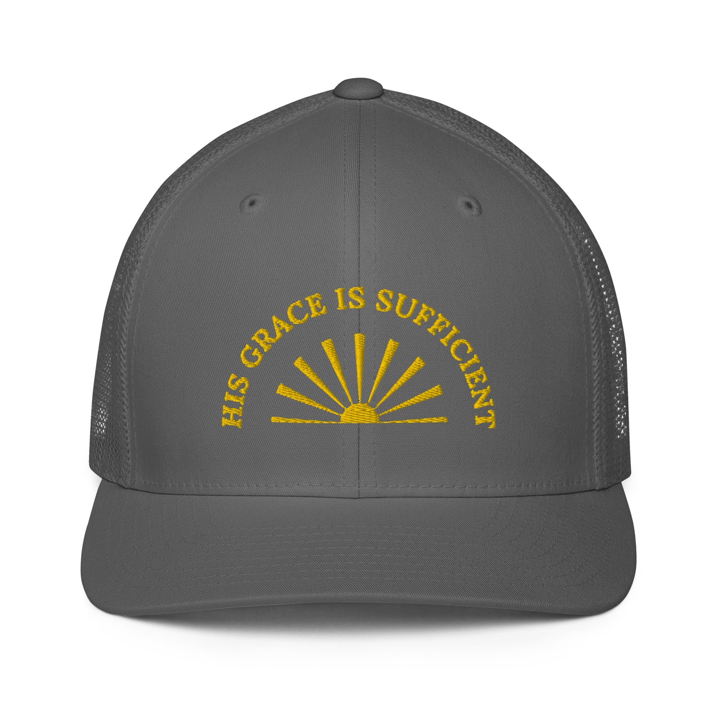 Closed-Back Iconic Trucker Cap - Flexfit | His Grace is Sufficient in Gold script