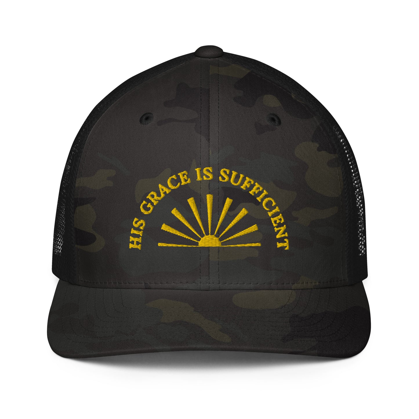 Closed-Back Iconic Trucker Cap - Flexfit | His Grace is Sufficient in Gold script