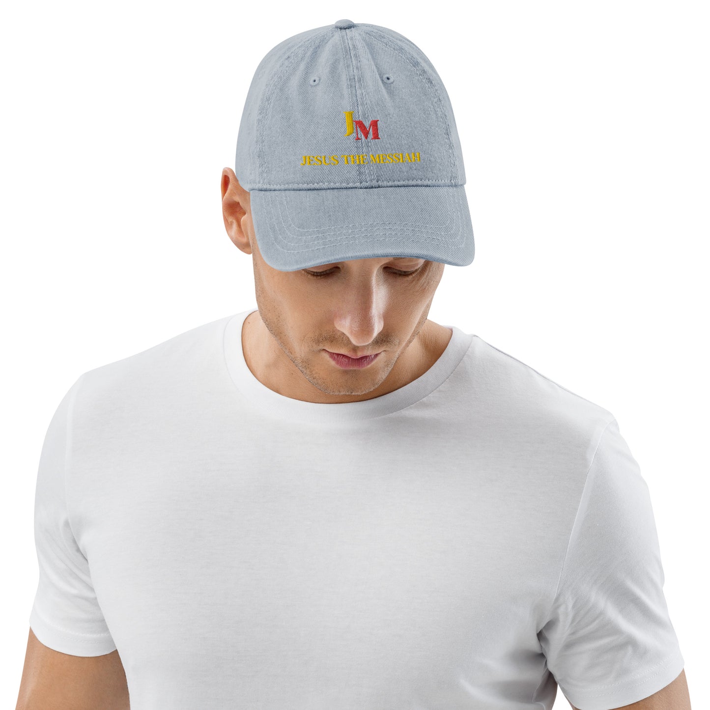 Unisex Denim Hat: JM - Jesus the Messiah" in Golden script