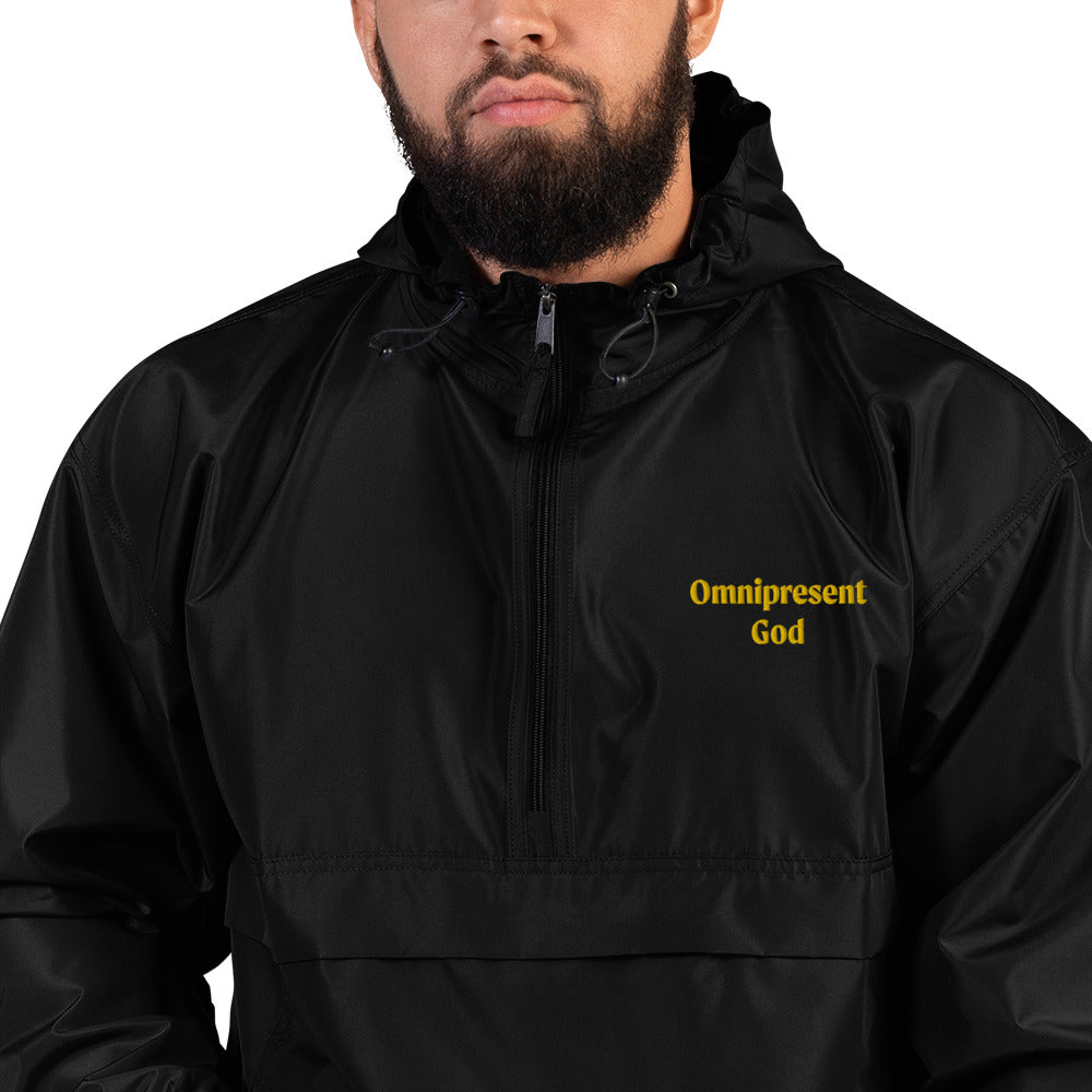 Embroidered Champion Packable Jacket: "Omnipresent God" in Gold Print