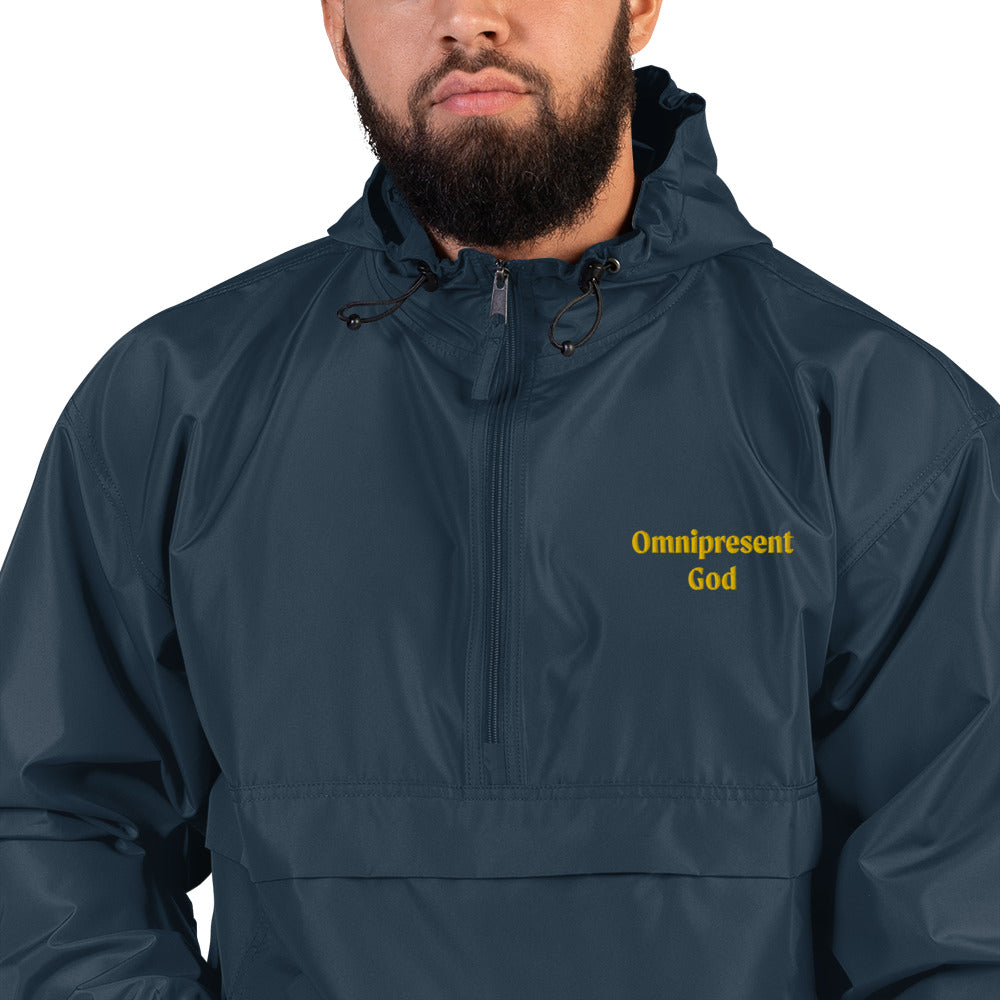 Embroidered Champion Packable Jacket: "Omnipresent God" in Gold Print