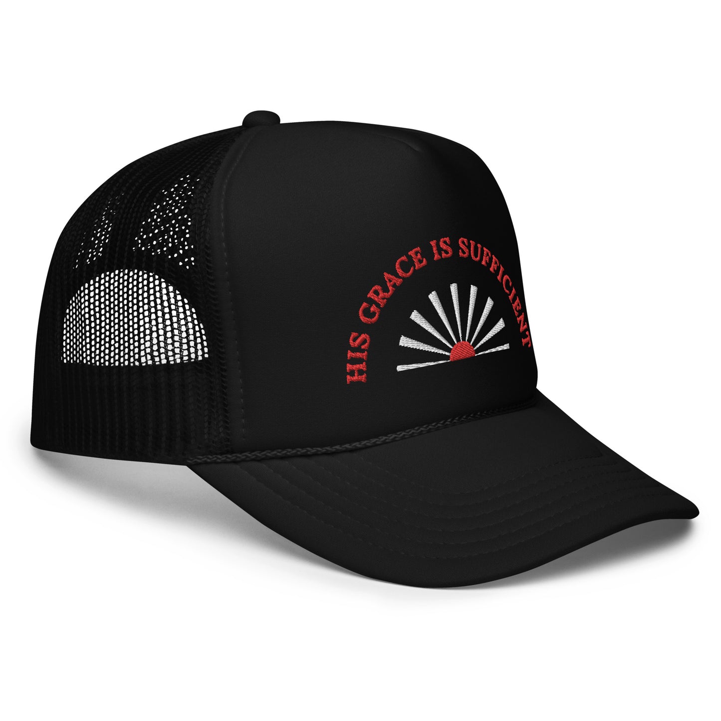 Foam Trucker Comfort Hat: "His Grace is Sufficient" in Red script