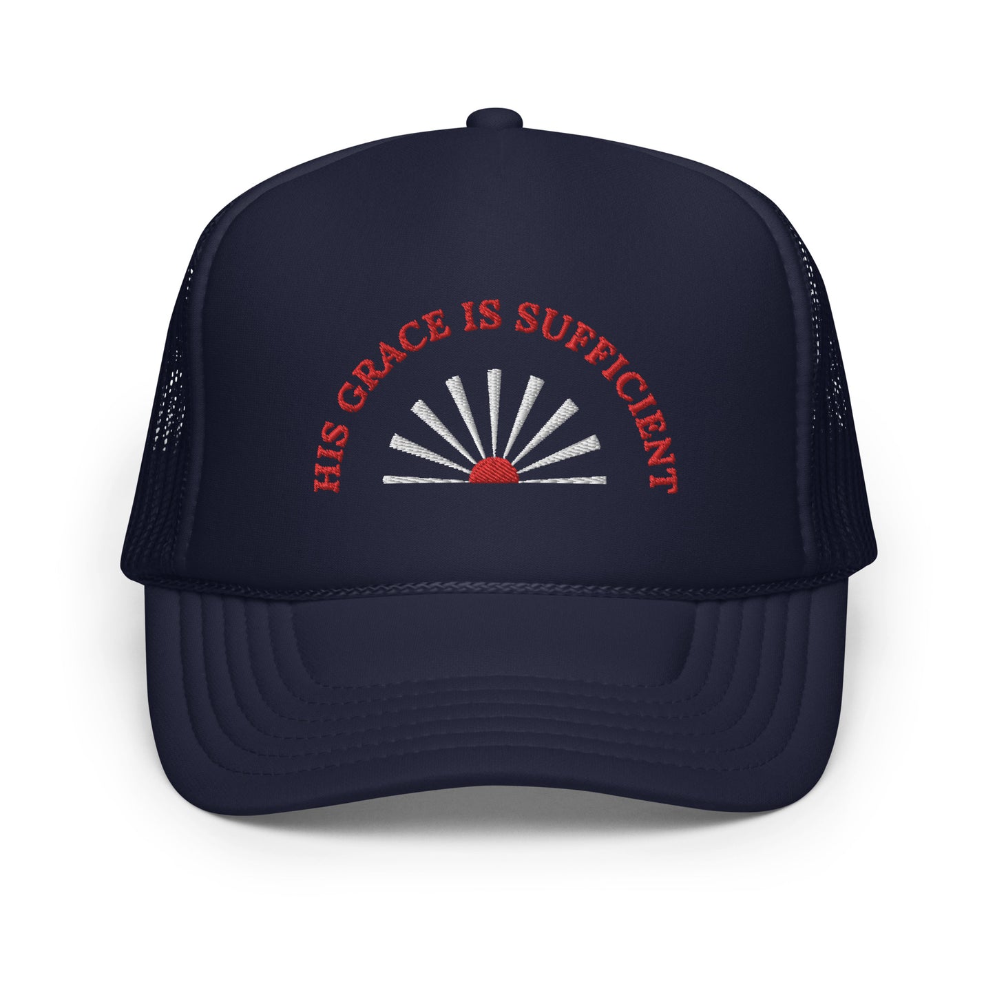 Foam Trucker Comfort Hat: "His Grace is Sufficient" in Red script