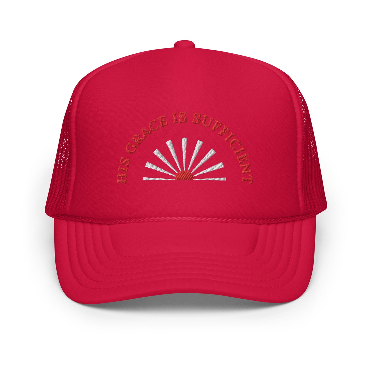 Foam Trucker Comfort Hat: "His Grace is Sufficient" in Red script