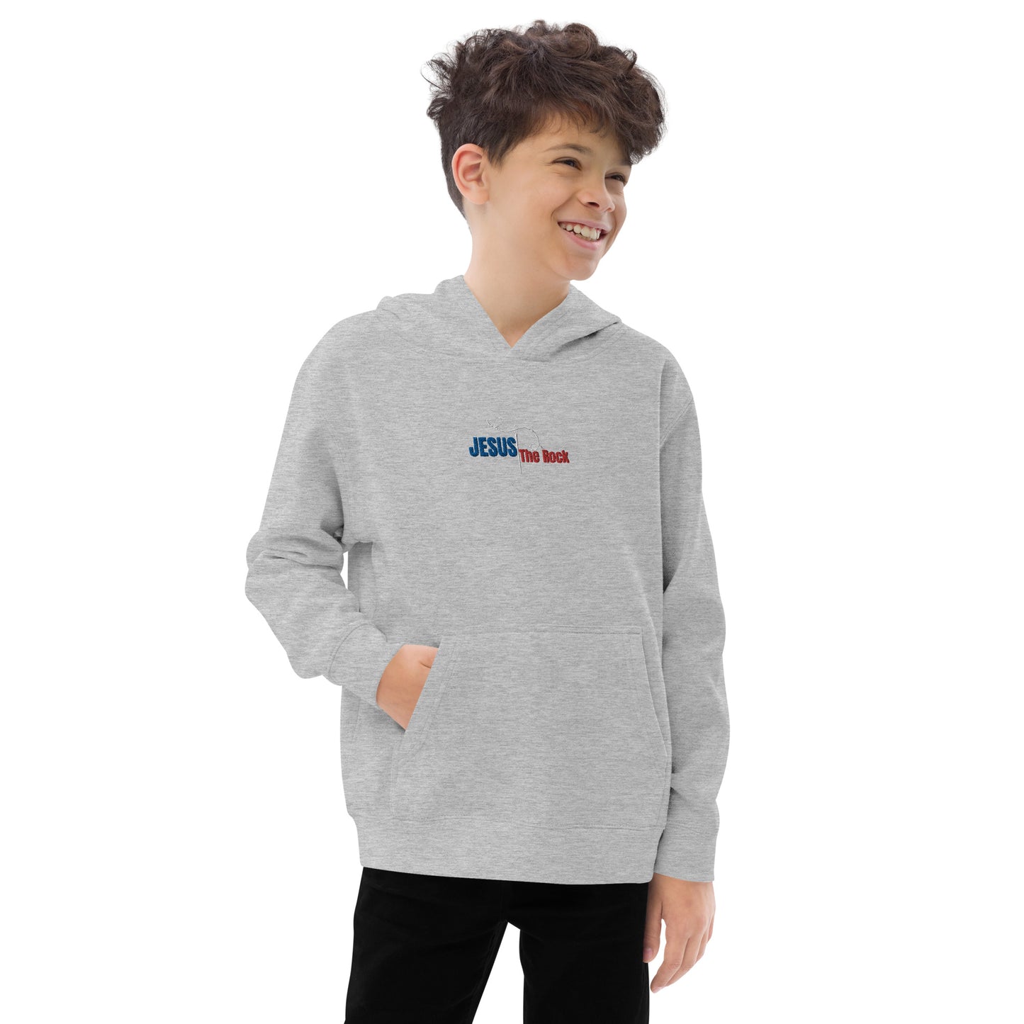 Youth-Kids Fleece Hoodie | Jesus the Rock | in Blue-Red script