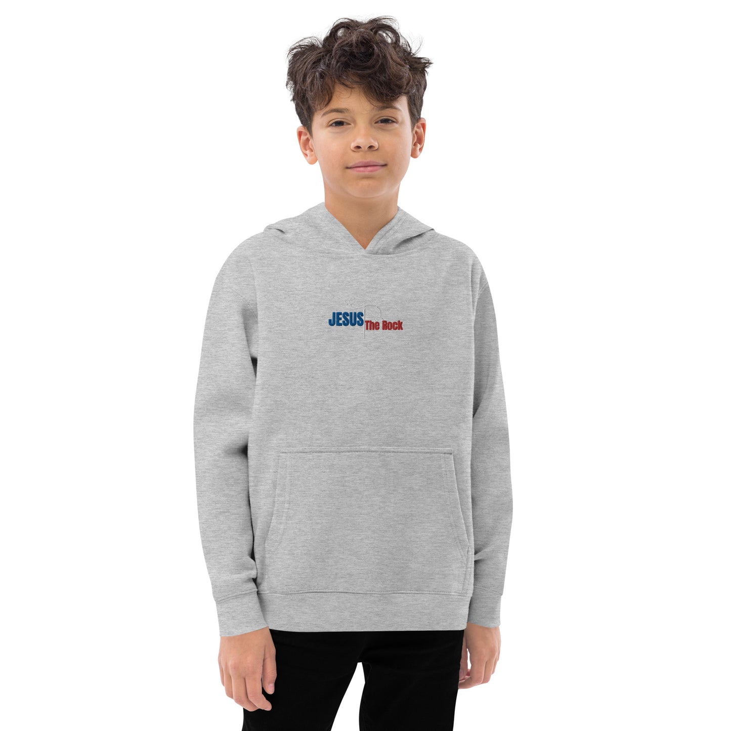 Youth-Kids Fleece Hoodie | Jesus the Rock | in Blue-Red script