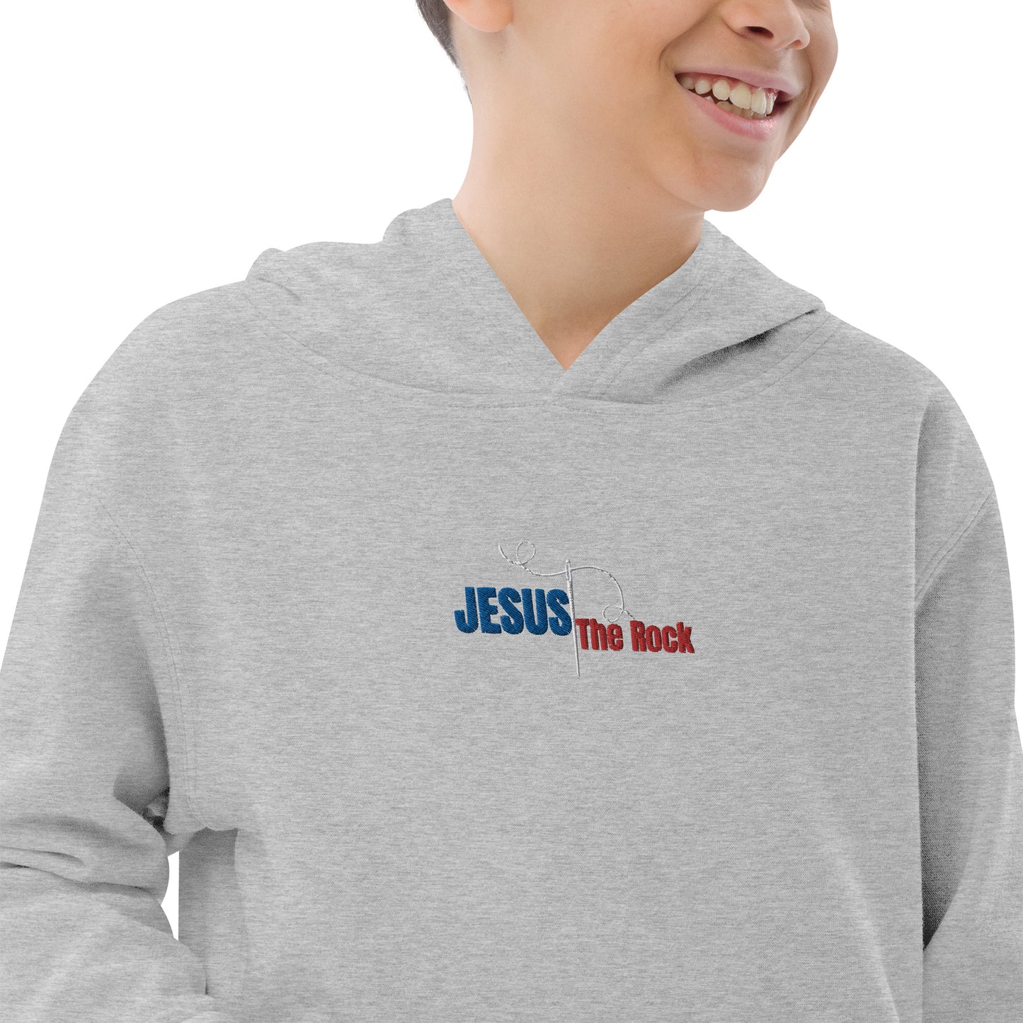 Youth-Kids Fleece Hoodie | Jesus the Rock | in Blue-Red script