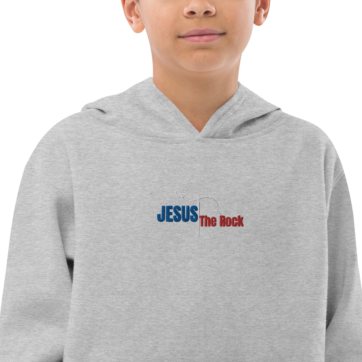 Youth-Kids Fleece Hoodie | Jesus the Rock | in Blue-Red script