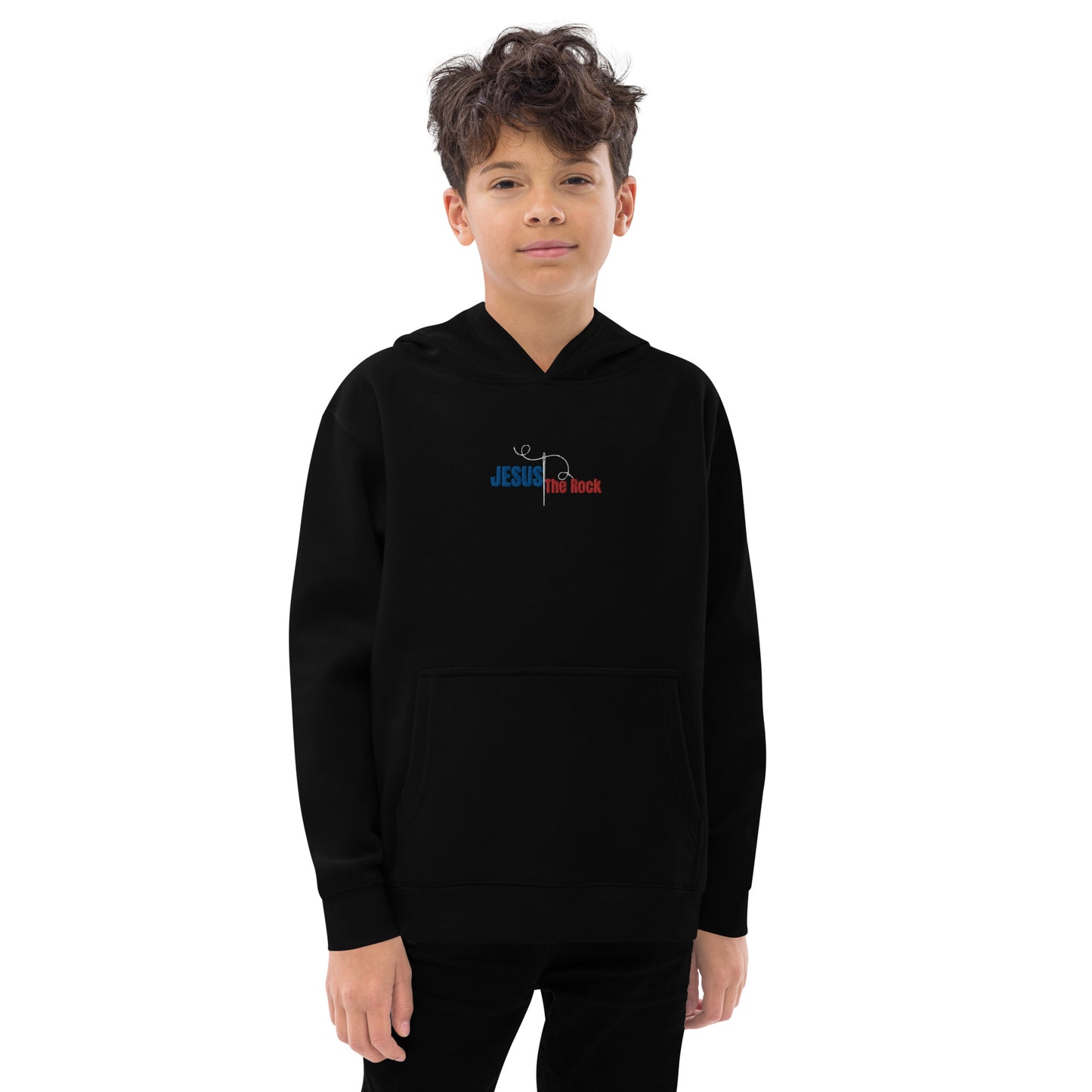 Youth-Kids Fleece Hoodie | Jesus the Rock | in Blue-Red script