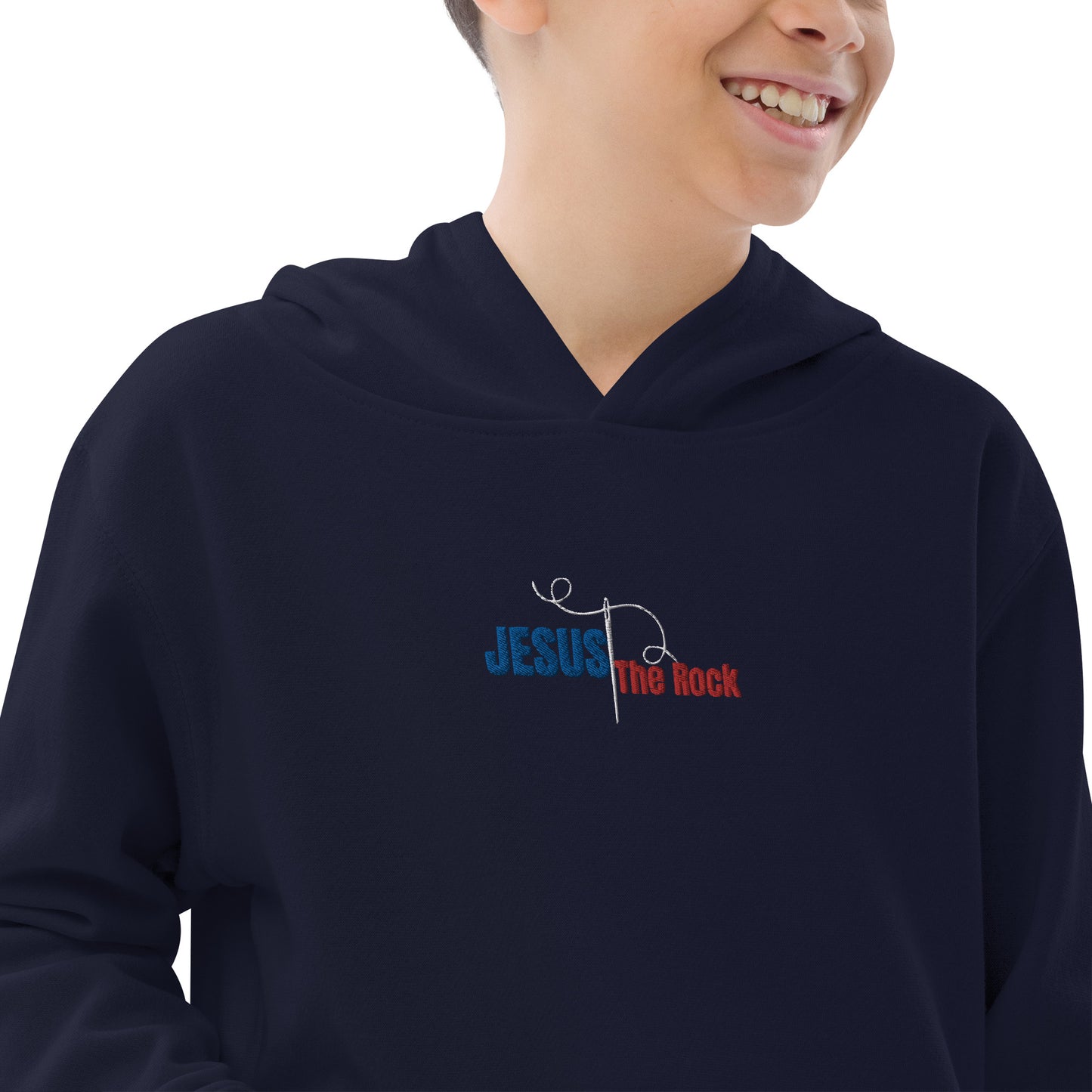 Youth-Kids Fleece Hoodie | Jesus the Rock | in Blue-Red script