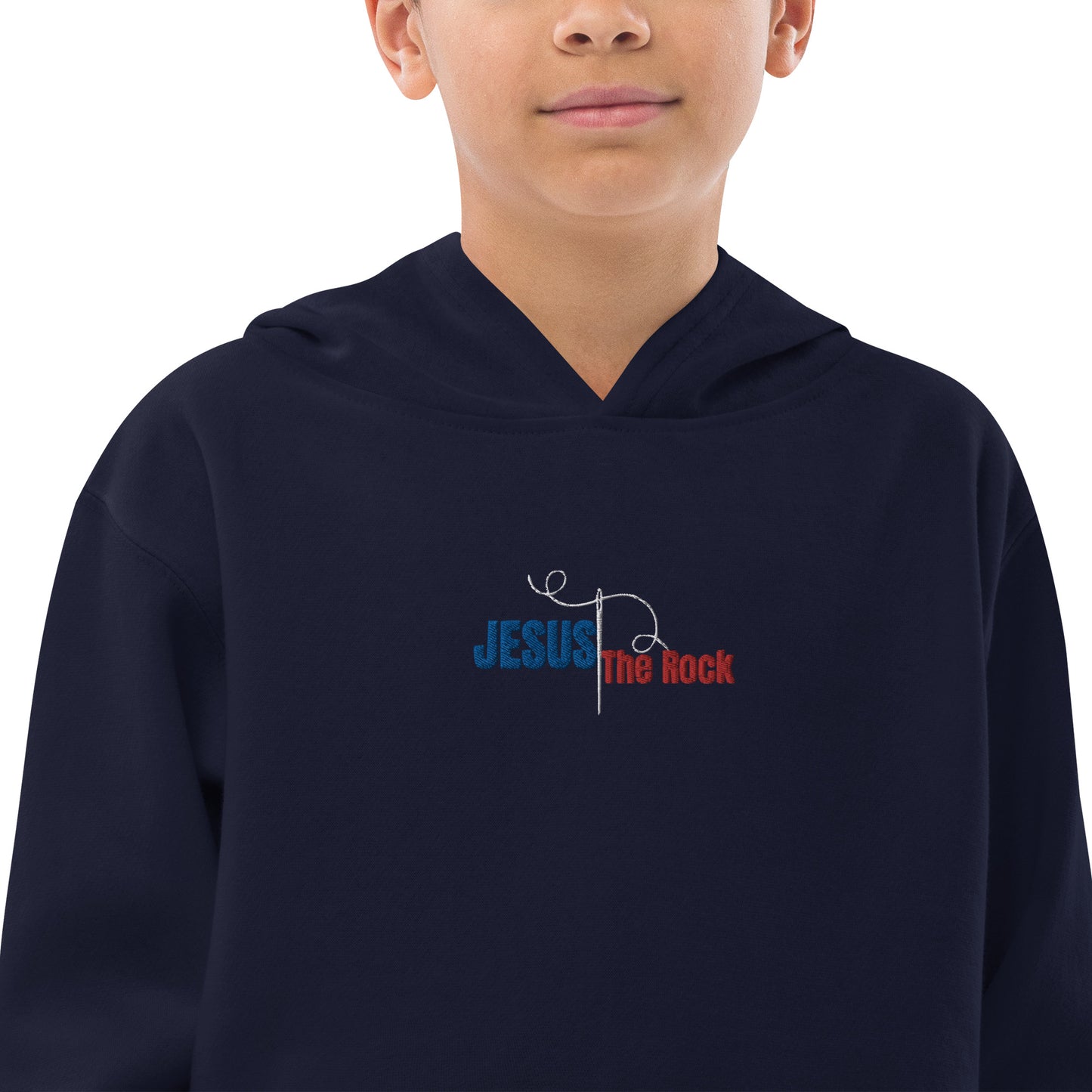 Youth-Kids Fleece Hoodie | Jesus the Rock | in Blue-Red script