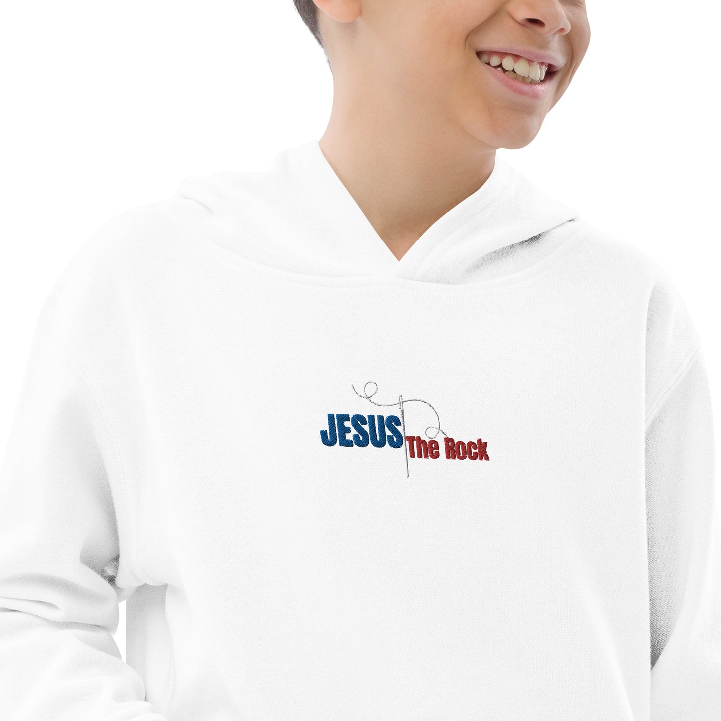 Youth-Kids Fleece Hoodie | Jesus the Rock | in Blue-Red script