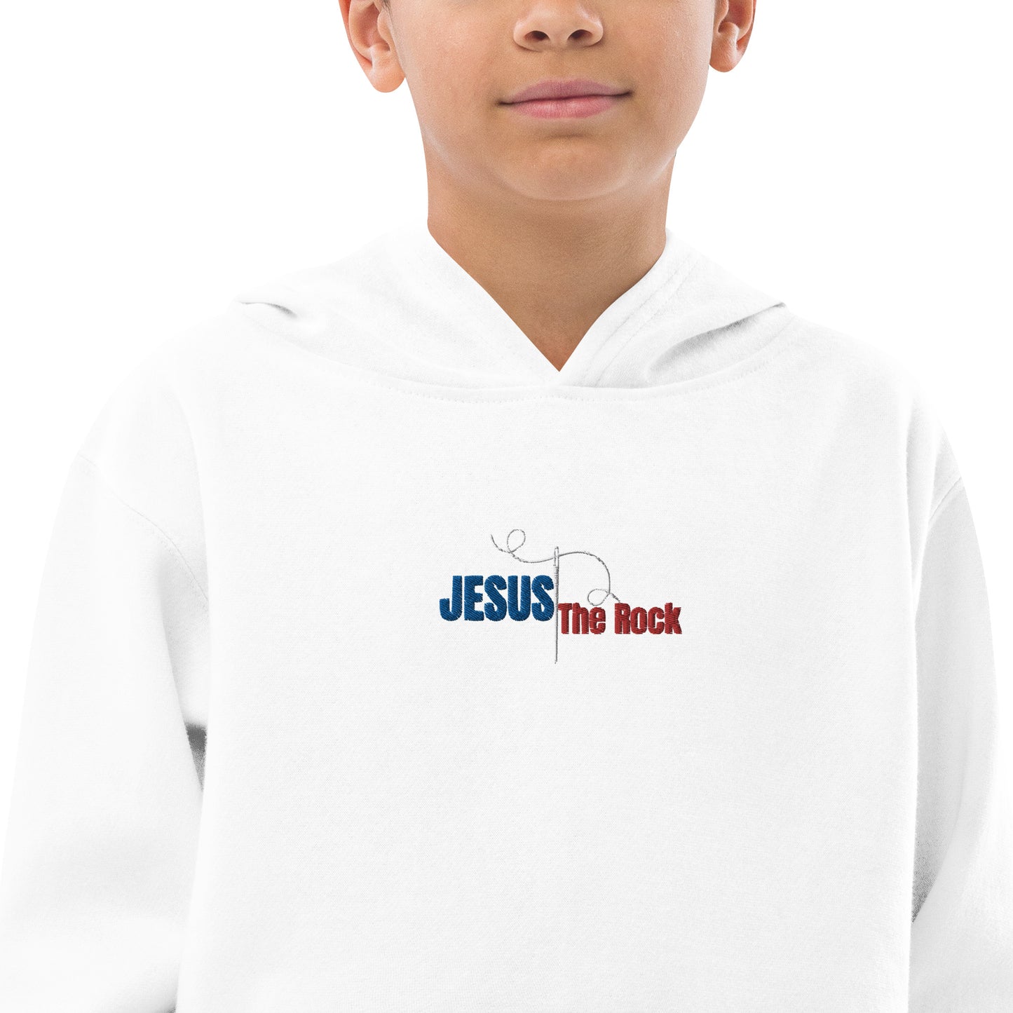 Youth-Kids Fleece Hoodie | Jesus the Rock | in Blue-Red script