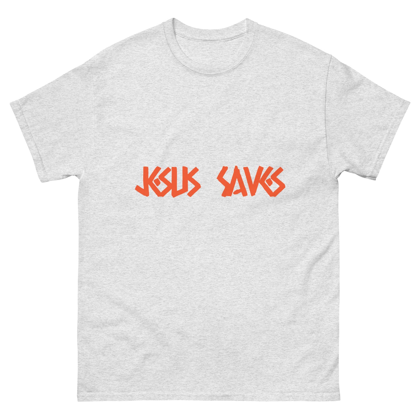 Men's Classic Tee: "Jesus Saves" in Orange print Caessar Dressing Font