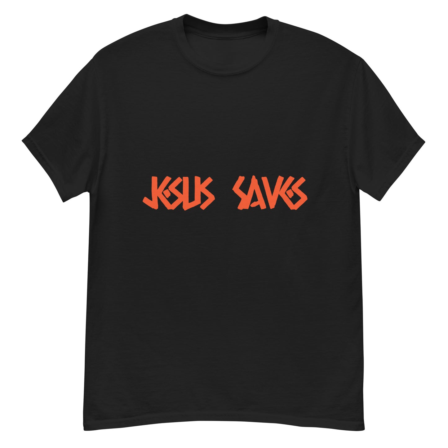 Men's Classic Tee: "Jesus Saves" in Orange print Caessar Dressing Font