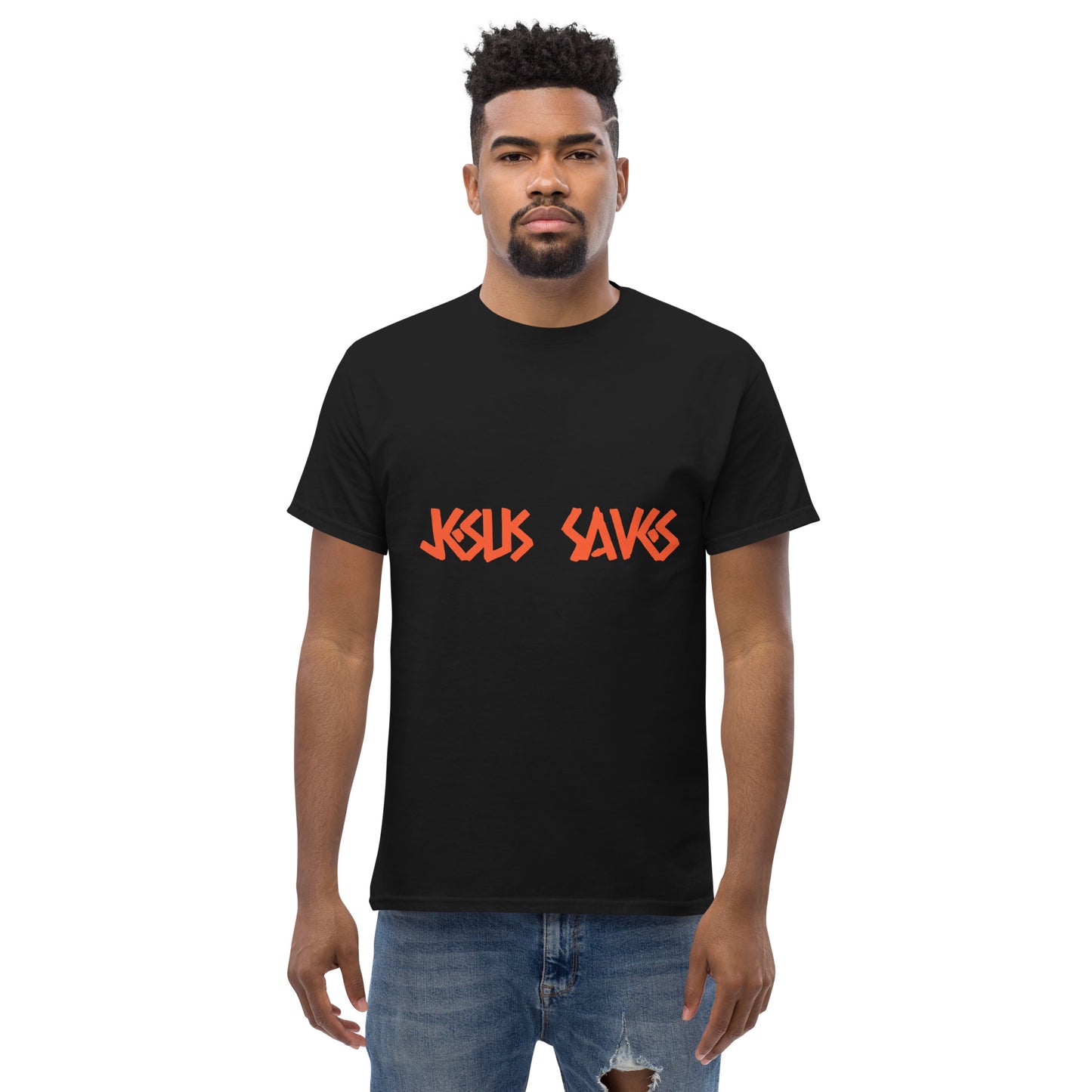 Men's Classic Tee: "Jesus Saves" in Orange print Caessar Dressing Font